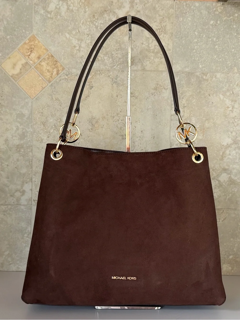 Michael Kors Christina LG MK Logo Chain Shoulder Tote Bag Dark Brown